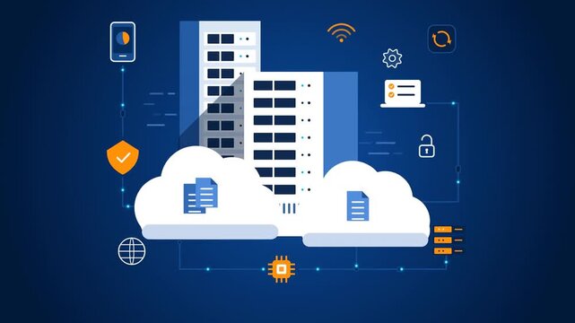Conceptual flat vector animation illustrating cloud computing infrastructure, secure data center servers, and global network connectivity on a blue background.