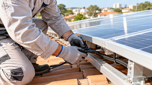 Solar Energy Technician Inspecting Photovoltaic Panel Cable Connectors on Residential Rooftop During Preventive Solar System Maintenance