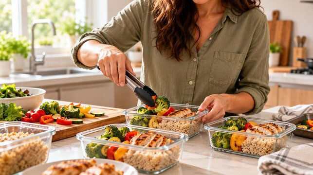 Woman Preparing Healthy Weekly Meal Prep Containers with Grilled Chicken, Brown Rice and Vegetables for Balanced Nutrition and Portion Control