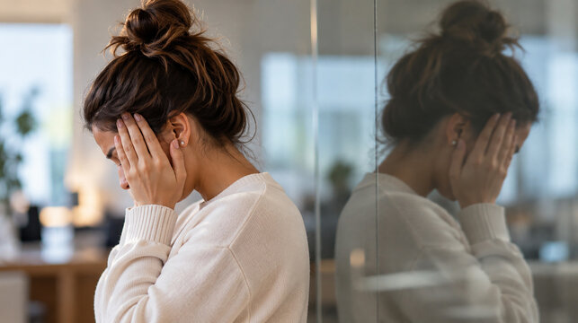 Young Woman Experiencing Emotional Stress and Mental Exhaustion with Hands Covering Her Ears Beside Glass Reflection in Modern Office