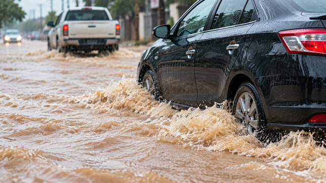 Black Car Driving Through Deep Floodwater on Urban Street During Heavy Rainstorm and Severe Flash Flooding