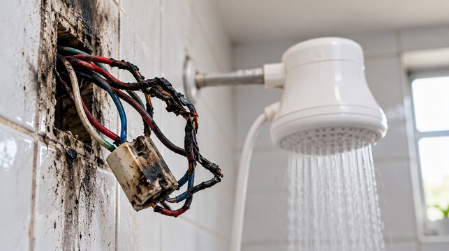 Electrical Fire Hazard from Burned Shower Wiring and Melted Electrical Connections in Residential Bathroom Due to Faulty Installation