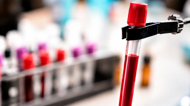 Blood Sample Collection Tube with Red Cap in Medical Laboratory for Diagnostic Testing, Cancer Screening Research and Clinical Analysis