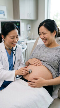 Smiling pregnant Asian woman in doctors office OB GYN checkup stethoscope on belly