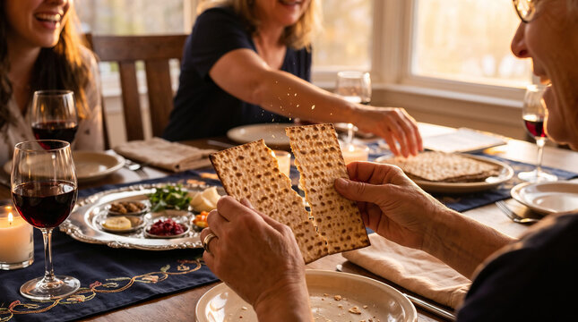 Family gathering celebrating holiday with matzah and wine on table  