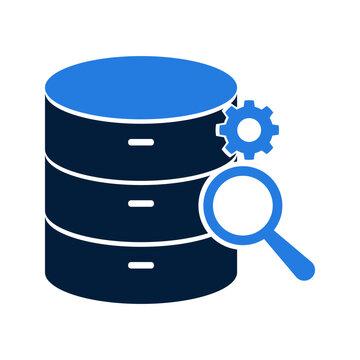 Database Icon With Magnifying Glass and Gear Symbol.
