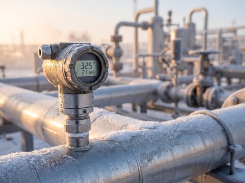 Industrial pressure transmitter with a digital gauge mounted on a steel pipe at a refinery, captured in warm golden hour sunlight with frost on the metal and complex piping in the background.