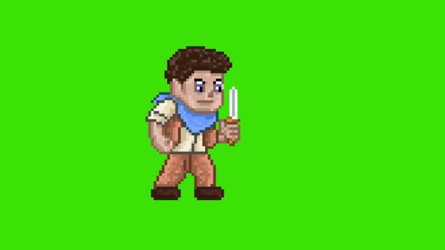 Pixel art retro game action animation of adventurer character attacking with dagger knife standing, isolated on green screen.