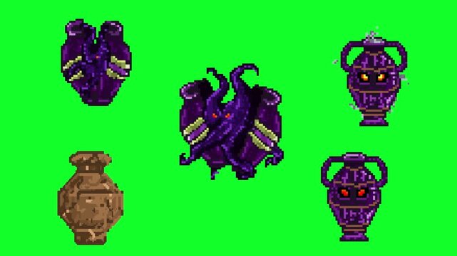Pixel art retro game animation bundle of multiple Egyptian jars cursed pots and purple smoke monster variants, isolated on green screen.