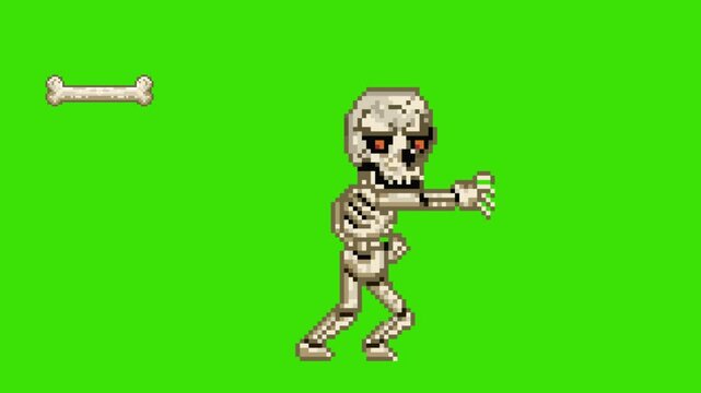 Pixel art retro game action animation of undead skeleton enemy warrior performing a weapon attack, isolated on green screen.