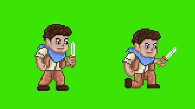 Pixel art retro game action sprite animation of adventurer character attacking with knife dagger standing and crouching variations, isolated on green screen.