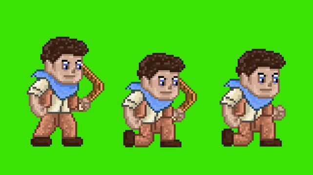 Pixel art retro game animation layout of adventurer character crouching with and without weapon plus standing idle breathing pose, isolated on green screen.