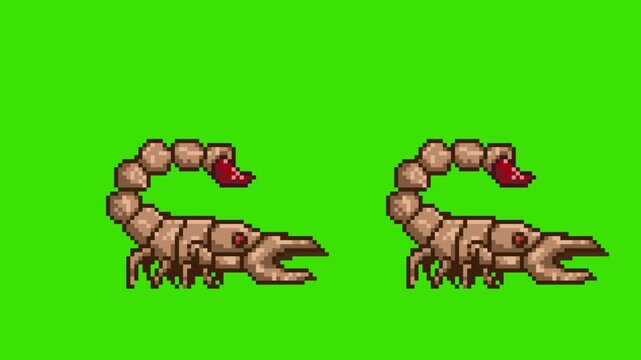 Pixel art retro game animation loop of two desert scorpion enemies crawling and moving together, isolated on green screen.