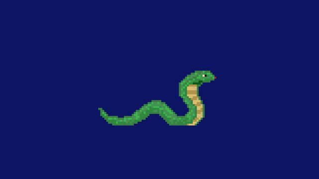 Pixel art retro game animation loop of poisonous green desert snake serpent crawling enemy, isolated on blue background.