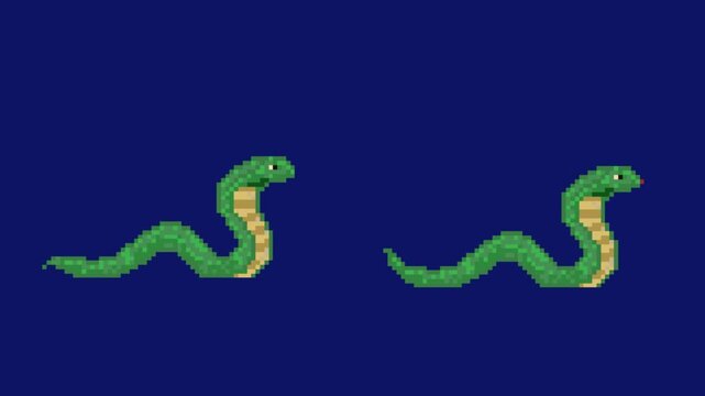 Pixel art retro game animation loop of two green desert snake serpent enemies crawling and moving together, isolated on blue background.