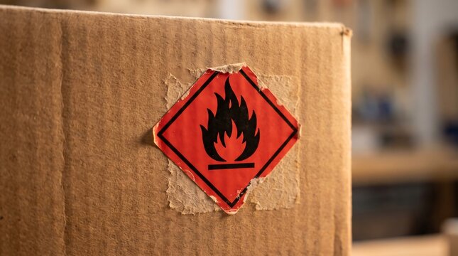 Close-up of a red flammable liquid hazard warning diamond label with a black flame symbol stuck on a cardboard shipping box