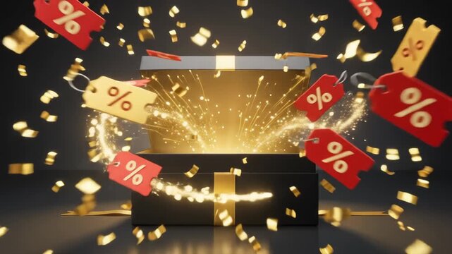 Elegant Black Gift Box Opening with Red Discount Tags and Golden Confetti Explosion on Dark Background, 3D Render