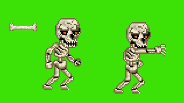 Pixel art retro game animation of two undead skeleton enemy warriors performing weapon attack and standing idle poses, isolated on green screen.