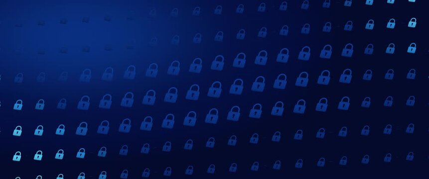 Cyan activation wave travels through a flowing blue padlock security matrix, scope