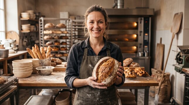 Smiling baker woman holding fresh sourdough bread in bakery kitchen