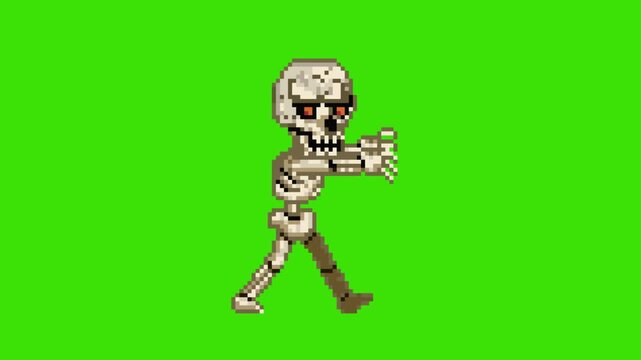 Pixel art retro game walking loop animation of undead skeleton enemy warrior character, isolated on green screen.
