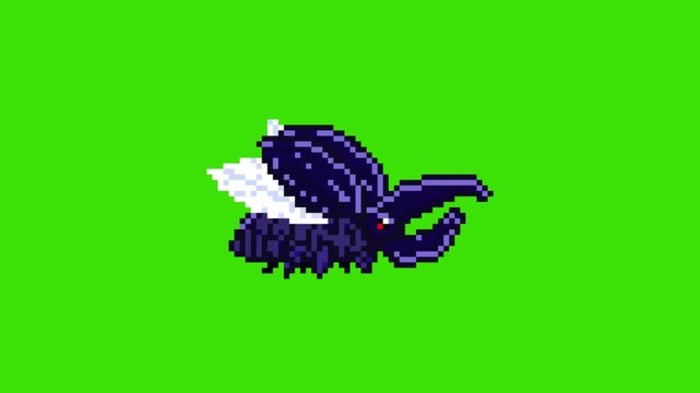 Pixel art retro game flying loop animation of giant horned beetle insect with active wings, isolated on green screen.
