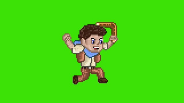 Pixel art retro game jump, animation sequence of adventurer character, 8 bit arcade boy asset isolated on green screen.