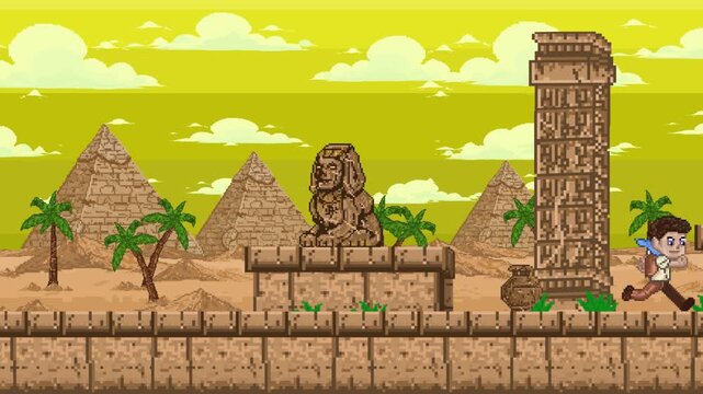 Pixel art retro game loop animation of adventurer character running in ancient Egyptian desert with pyramids and stone ruins, 16-bit 2D side-scroller.