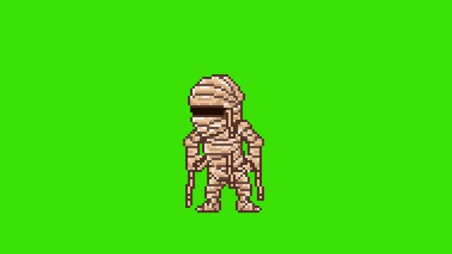 Pixel art retro game idle animation of ancient Egyptian mummy enemy character resting in dormant state, isolated on green screen.
