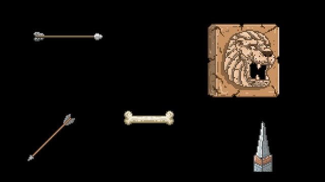 Pixel art retro game level design asset animation of stone lion wall block shooting arrow projectiles with spikes, isolated on black background.