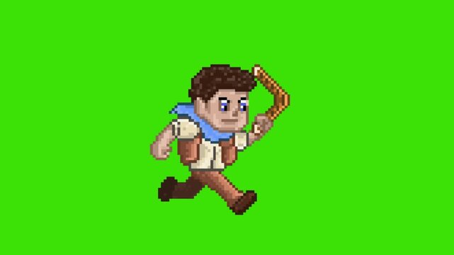 Pixel art retro game running cycle animation of vintage adventurer character, 2D platformer boy sprite isolated on green screen.