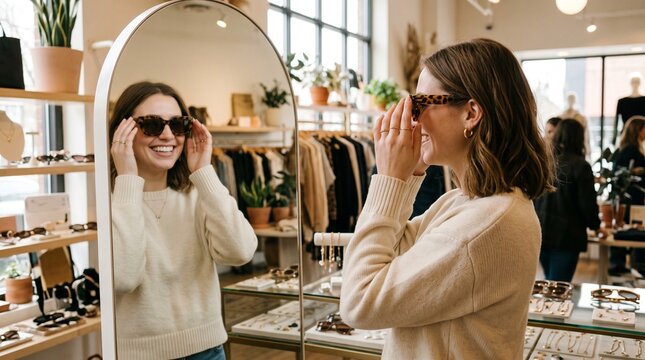 Woman trying on sunglasses in a boutique store looking in mirror
