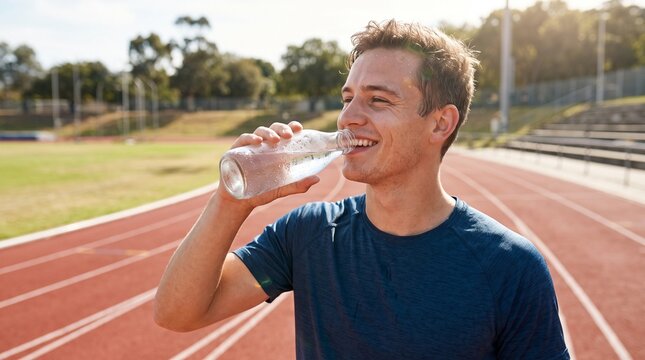 Young man drinking water from a bottle after exercise on a running track