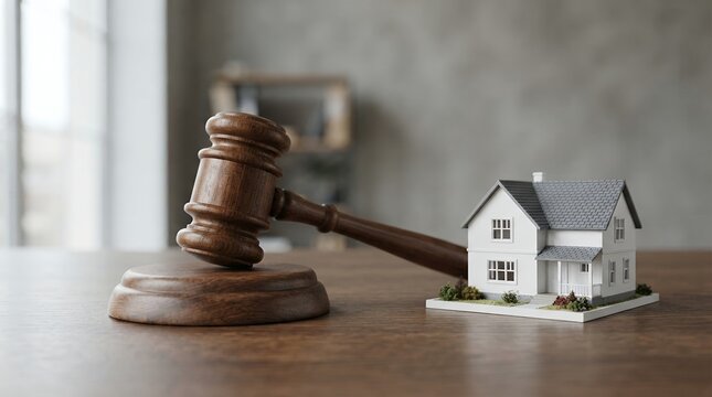Gavel and Miniature House on Wooden Table Representing Real Estate Law.