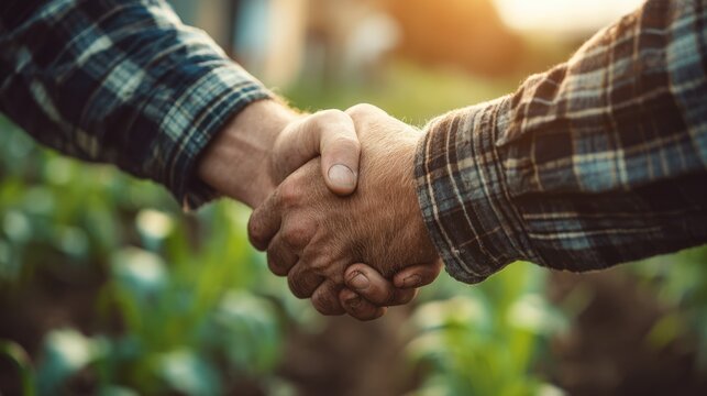 Medium shot of farmers shaking hands in a lush field symbolizing sustainable farming partnerships and united efforts for ecofriendly agriculture.