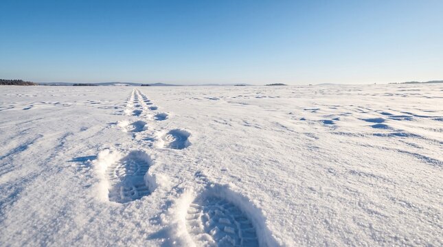 Trail of boot footprints on a white frozen snow field