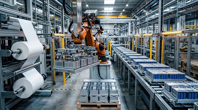 Reshored battery production with lithium ion cell stacks, separator rolls, robotic grippers, and palletized modules in a bright factory aisle.