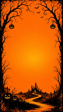 Orange Halloween Background with Spooky Tree Frame and Copy Space