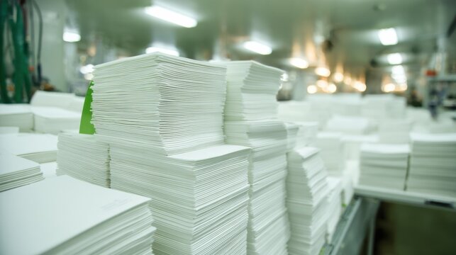 Stack of printed synthetic paper sheets drying with waterproof coating, showing moisture resistance and tearproof print durability in a commercial print shop.