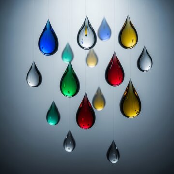 A surreal composition of weightless translucent water droplets suspended in a soft ethereal mist with iridescent reflections and glow, depth, water, background