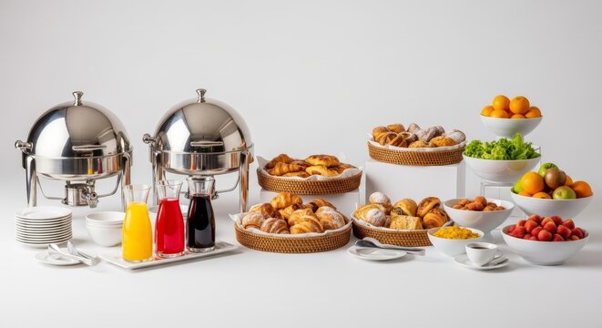 A luxurious hotel breakfast buffet features silver warmers, glass carafes of fresh juice, baskets of pastries, and bowls of seasonal fruit, catering, dish, selection