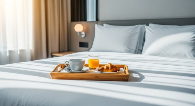 Elegant hotel bedroom interior featuring a plush white bed with crisp linens, a wooden breakfast tray, and soft morning light from a window, tea, modern, morning
