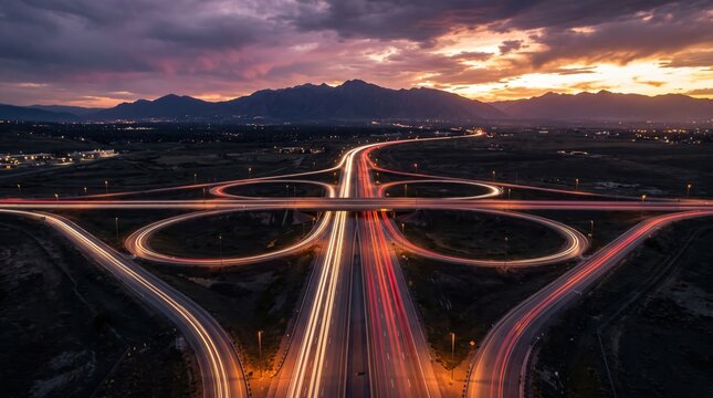 Cars driving on busy cloverleaf highway interchange at sunset with vibrant colorful sky