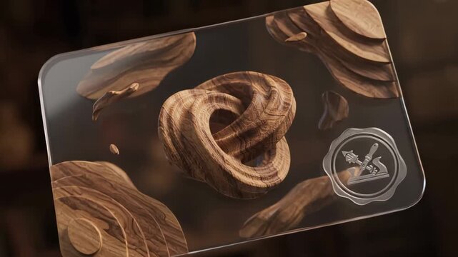 intricate wooden torus knot floats in surreal studio setting surrounded by floating organic wood fragments and faint decorative wax seal design etched into the dark reflective background