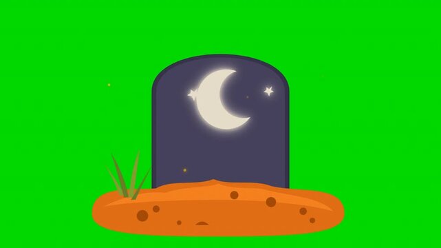 Spooky Halloween tombstone animation with crescent moon and stars on a green screen background.