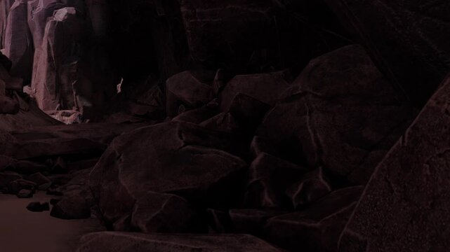 In a dimly lit cave, towering rocks surround a narrow path, creating an atmosphere filled with intrigue and silence. The shadows dance on the surfaces as light filters through.