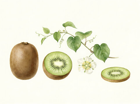 Watercolor Kiwi Fruit Illustration with Leaves and Flower