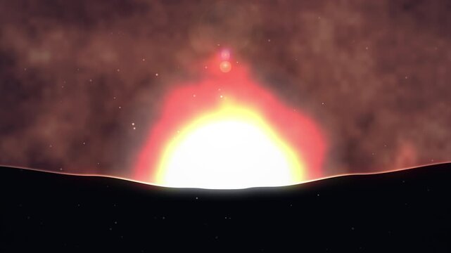 Backlit golden sunset behind dark mountain ridge, volumetric light rays through drifting haze and glowing dust particles, cinematic seamless loop background 4K