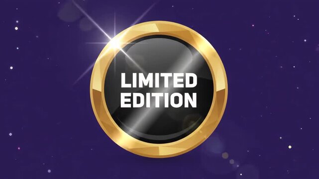 glossy black circular button with thick gold border centered against vibrant purple cosmic space background decorated with scattered colorful cartoon stars