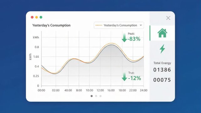 Digital energy consumption dashboard showing daily electricity usage statistics and peak hourly power demand on computer screen interface against simple blue background